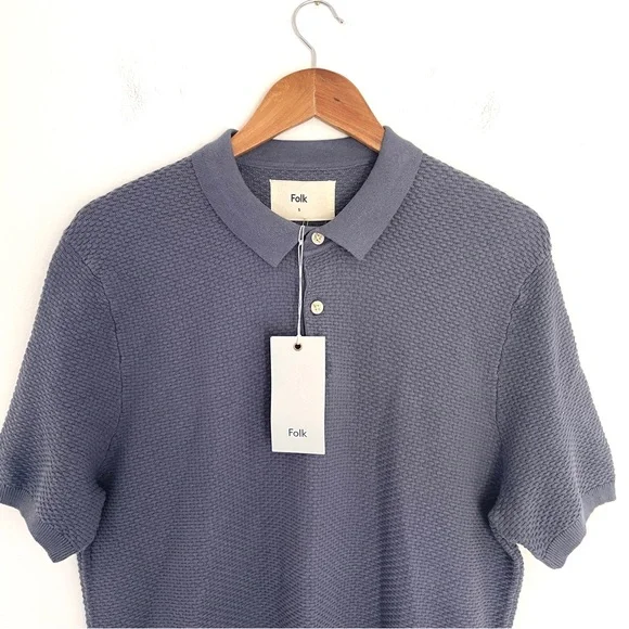 Folk Polo Shirt Mens XL 5 Short Sleeve Pullover Top Knot Midnight BNWT - Picture 2 of 7